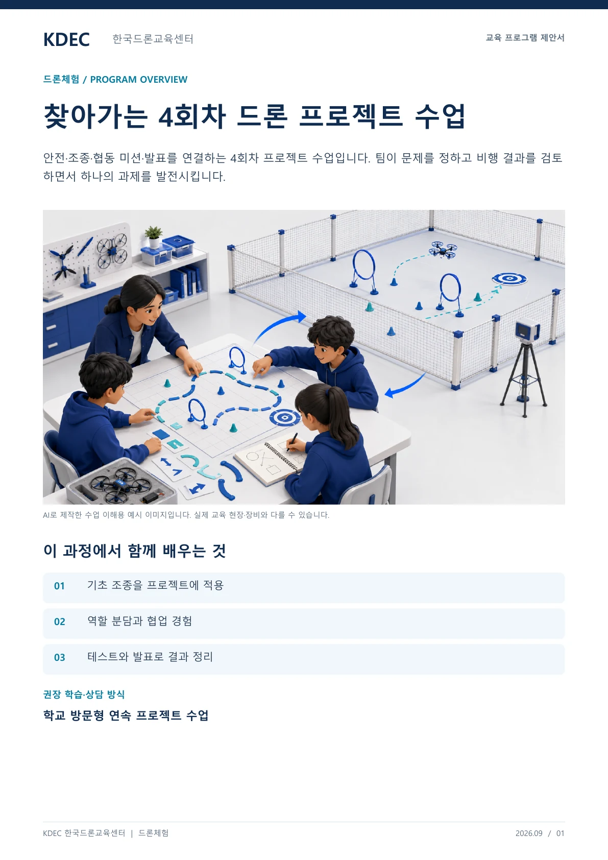찾아가는 4회차 드론 프로젝트 수업 교육 프로그램 제안서 1페이지. 원문은 PDF 새창보기 또는 다운로드로 확인할 수 있습니다.